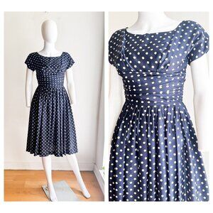 Vintage Silk Navy Blue White Polka Dot Short Sleeve Dress XS